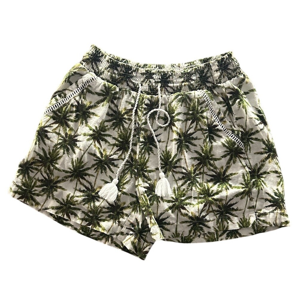 Briggs Womens Shorts Size M Green White Palm Tree Print Pull-On Drawstring